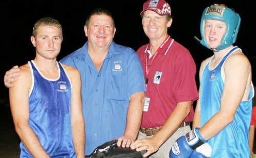 Warwick Boxing Club’s Kyle Teer, Andrew Grafton and Shane Parry with Crime Stoppers Warwick president Cameron Schoenfisch. Warwick Boxing Club’s Kyle Teer, Andrew Grafton and Shane Parry with Crime Stoppers Warwick president Cameron Schoenfisch.